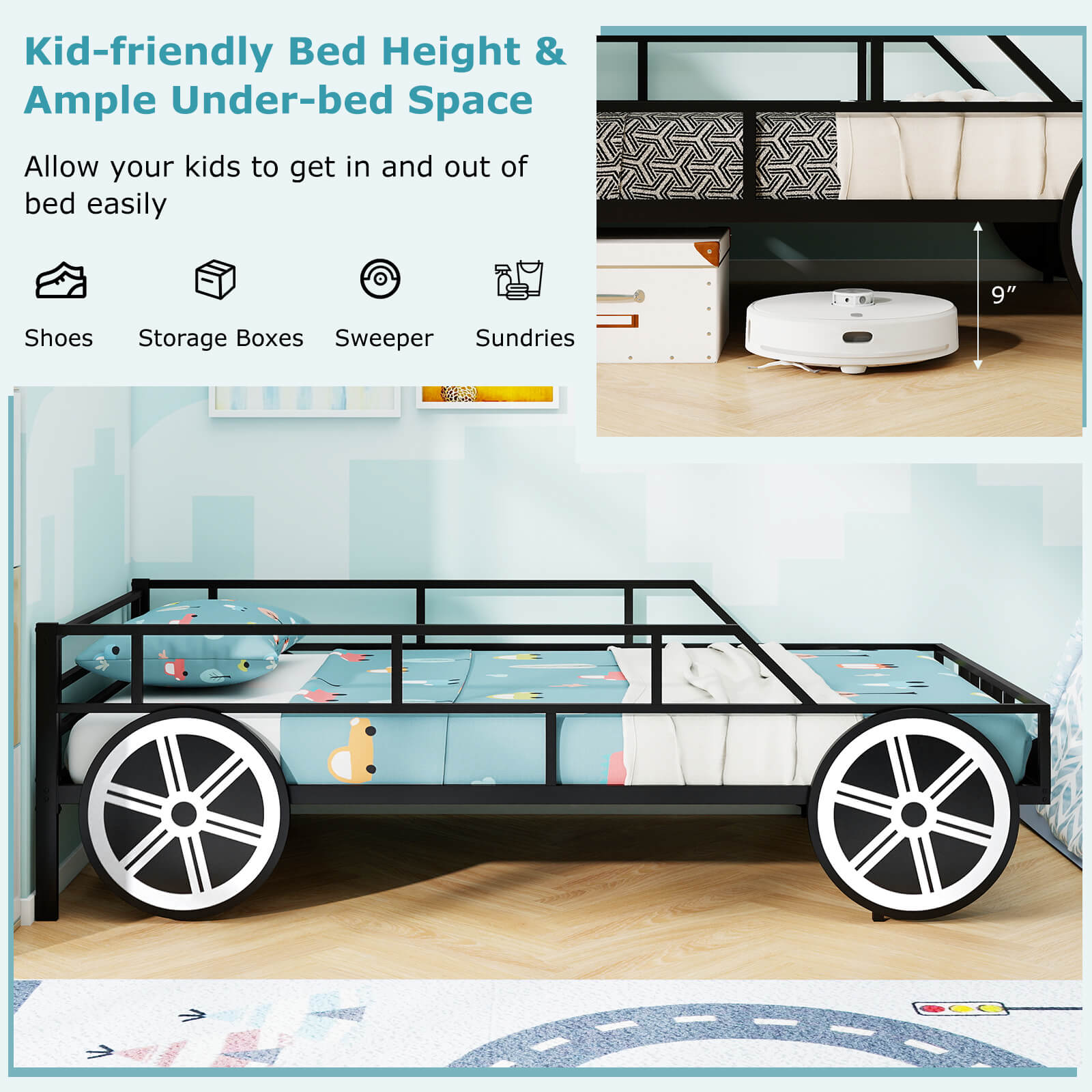 Twin-Size Kids Metal Bed Frame Car-Shaped with Safety Guardrails-Twin Size, Black Toddler Beds at Gallery Canada