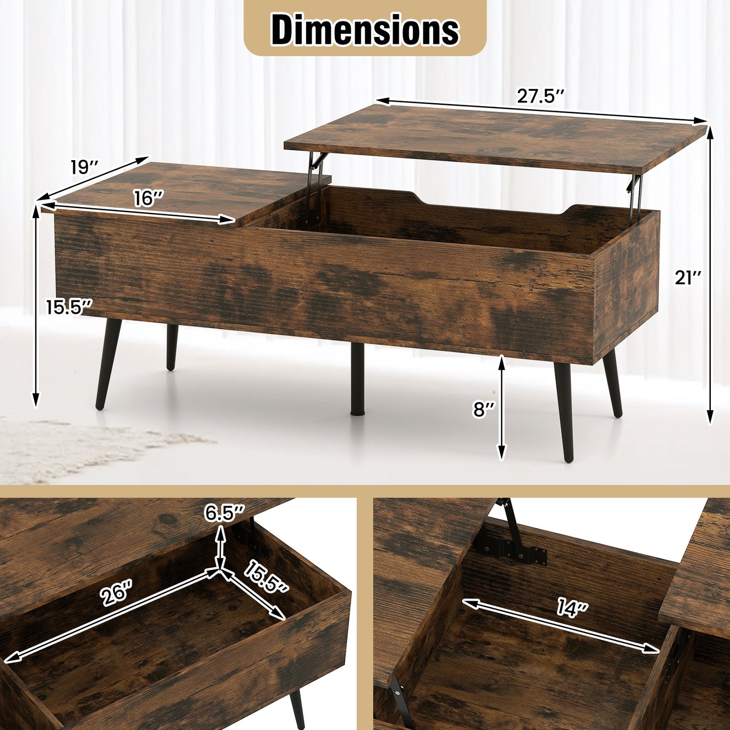 47 Inch Lift Top Coffee Table, 2 Hidden Compartments Coffee Tables at Gallery Canada