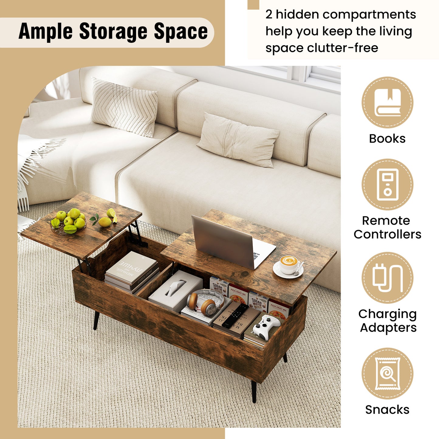 47 Inch Lift Top Coffee Table, 2 Hidden Compartments Coffee Tables at Gallery Canada