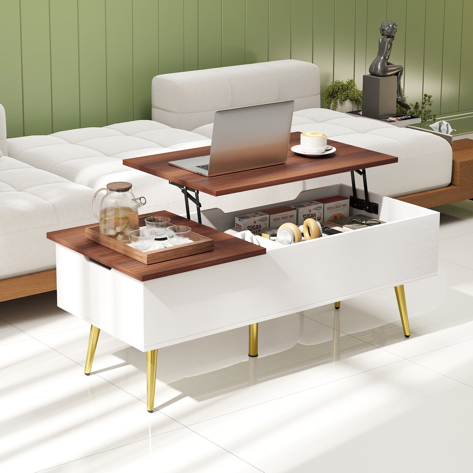 47 Inch Lift Top Coffee Table, Walnut, 2 Hidden Compartments Coffee Tables at Gallery Canada