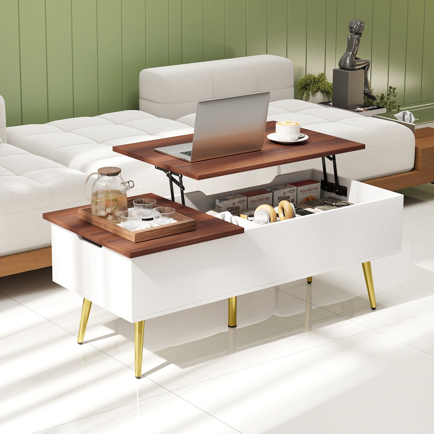 47 Inch Lift Top Coffee Table, Walnut, 2 Hidden Compartments Coffee Tables at Gallery Canada