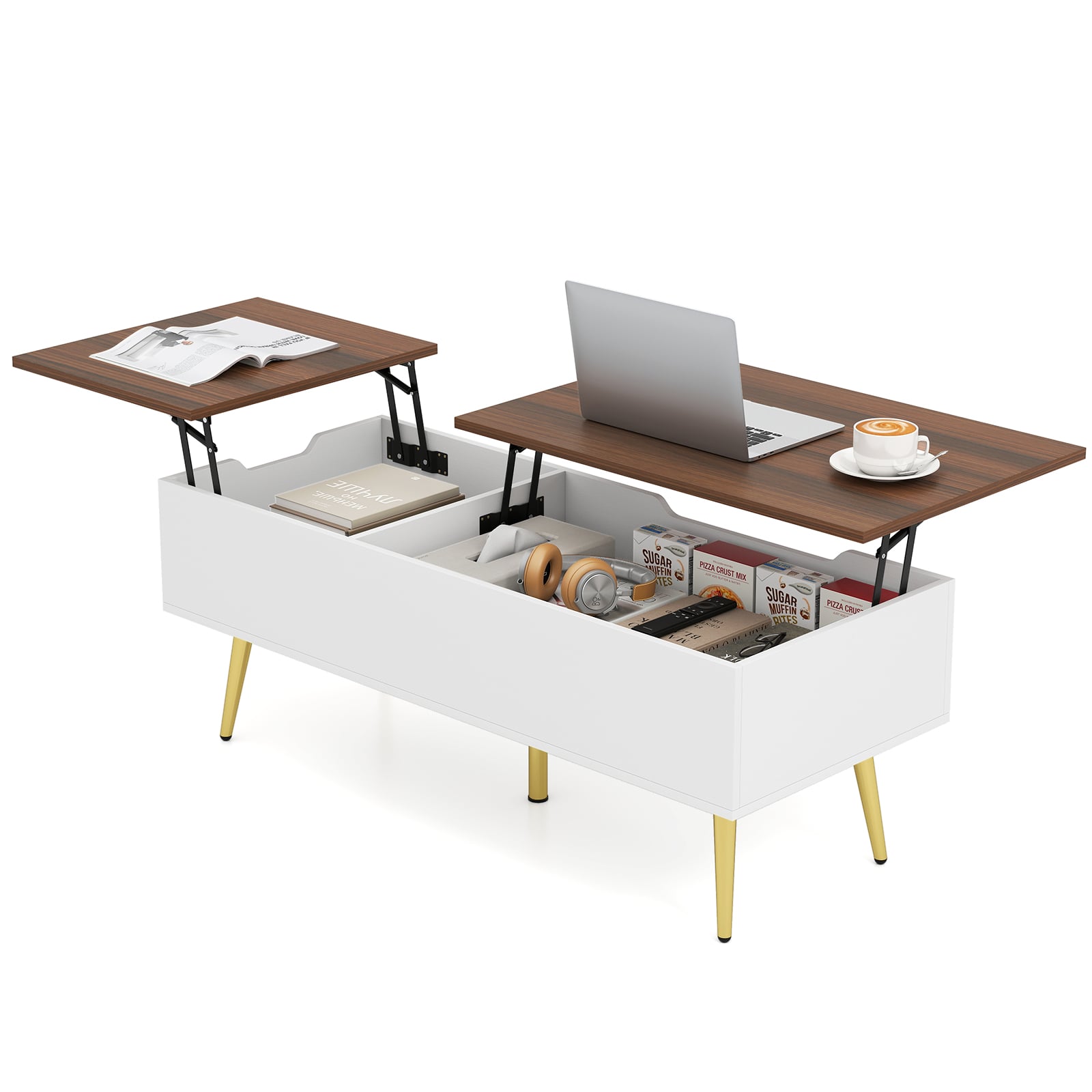 47 Inch Lift Top Coffee Table, Walnut, 2 Hidden Compartments Coffee Tables Walnut at Gallery Canada