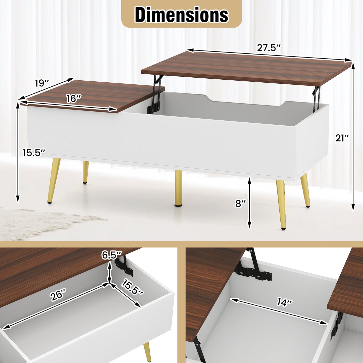 47 Inch Lift Top Coffee Table, Walnut, 2 Hidden Compartments Coffee Tables at Gallery Canada