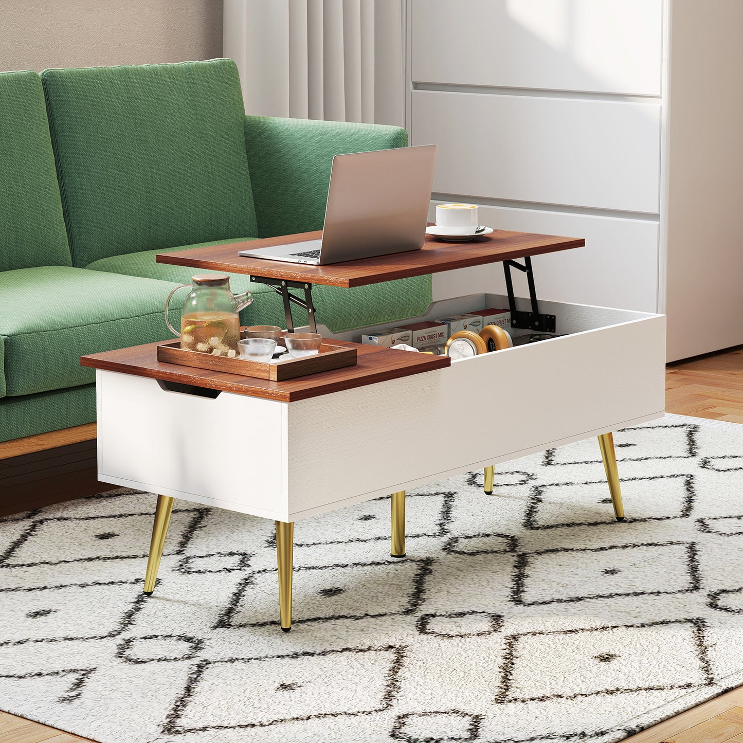 47 Inch Lift Top Coffee Table, Walnut, 2 Hidden Compartments Coffee Tables at Gallery Canada