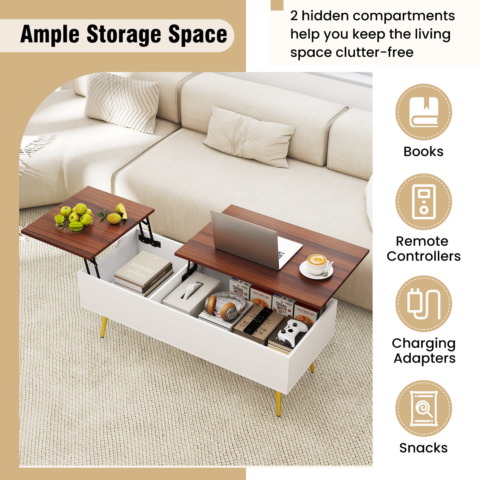 47 Inch Lift Top Coffee Table, Walnut, 2 Hidden Compartments Coffee Tables at Gallery Canada