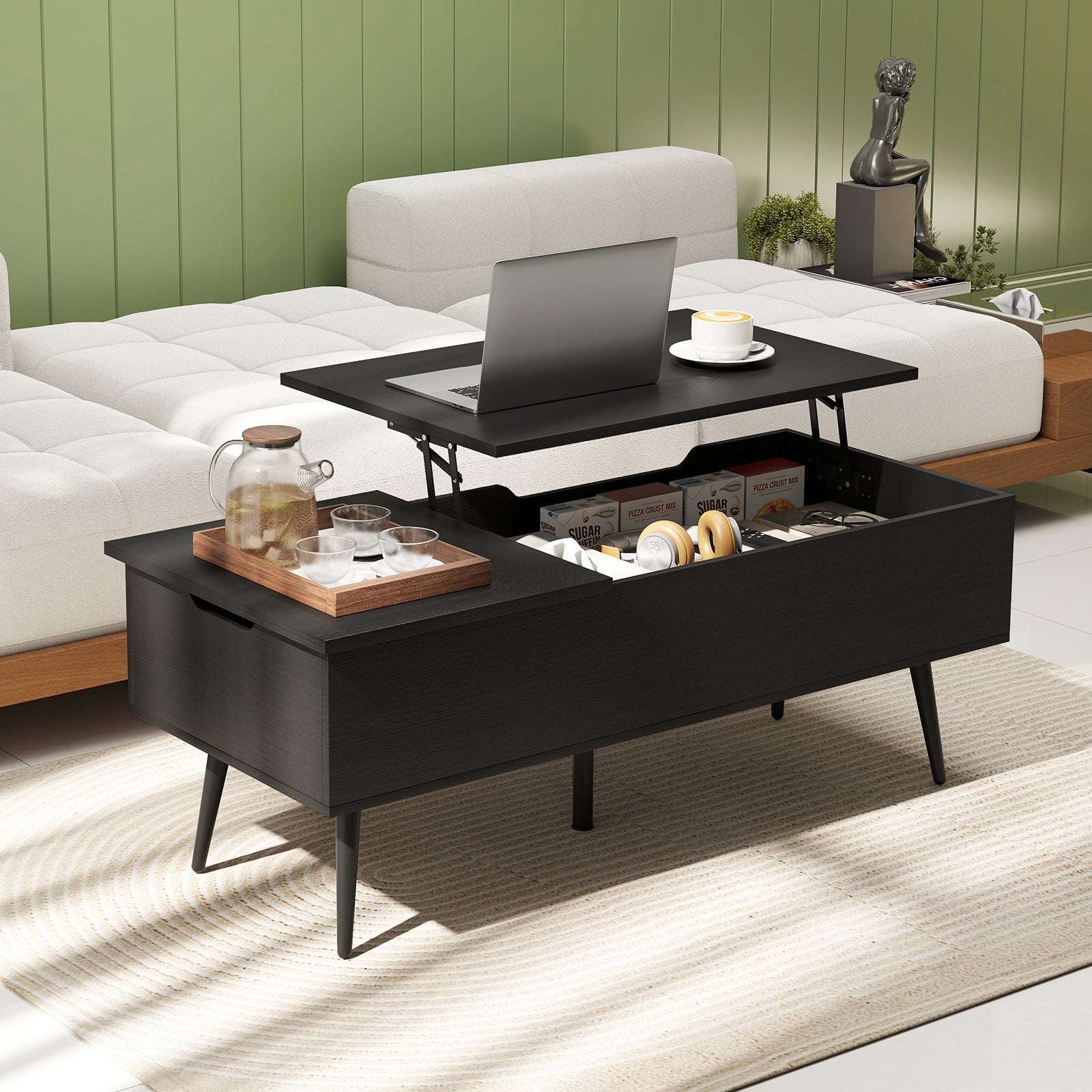 47 Inch Lift Top Coffee Table with 2 Hidden Compartments, Black Coffee Tables at Gallery Canada