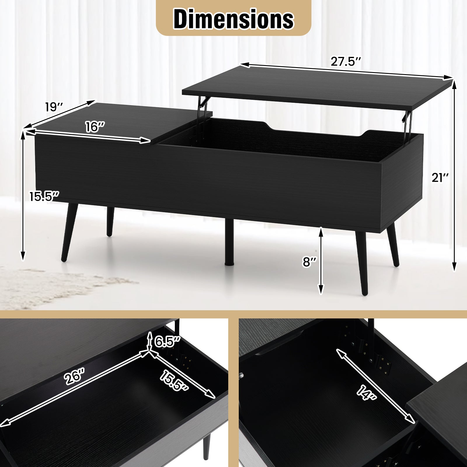 47 Inch Lift Top Coffee Table with 2 Hidden Compartments, Black Coffee Tables at Gallery Canada
