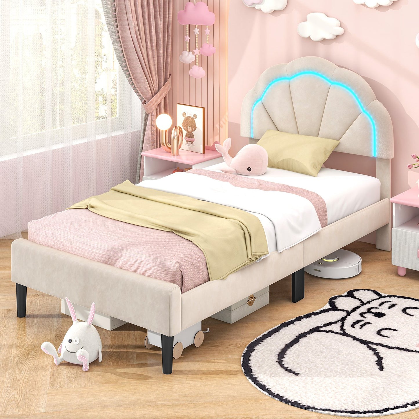 Upholstered LED Bed Frame with Adjustable Flower Headboard and Metal Support Feet-Twin Size Trundle Bed Frame at Gallery Canada