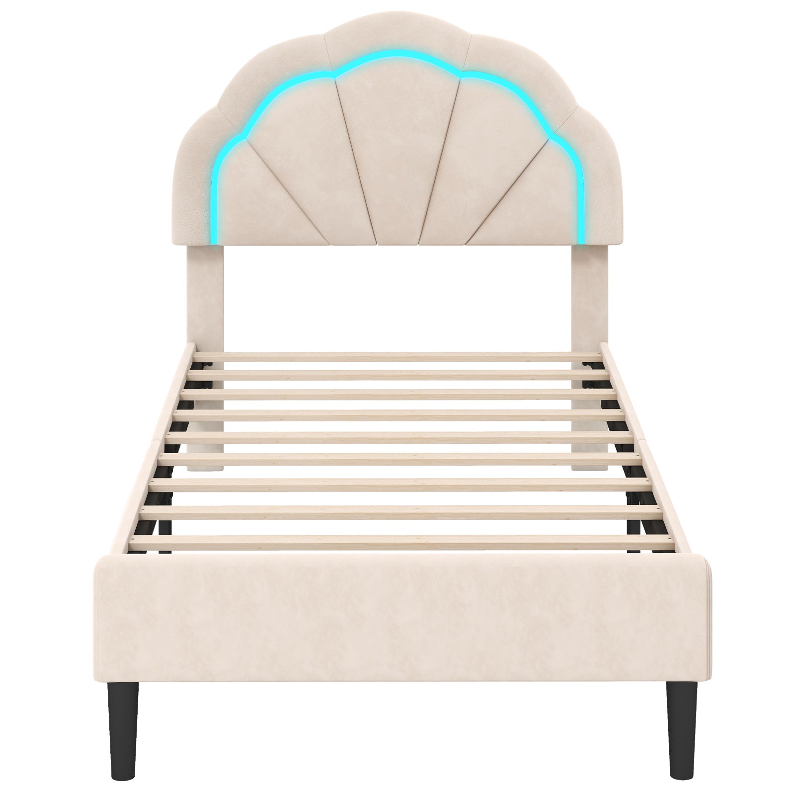 Upholstered LED Bed Frame with Adjustable Flower Headboard and Metal Support Feet-Twin Size Trundle Bed Frame Twin Size - Beige at Gallery Canada