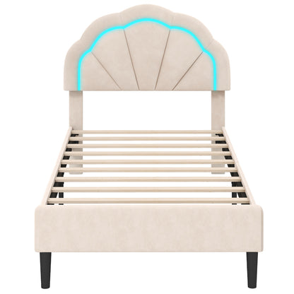 Upholstered LED Bed Frame with Adjustable Flower Headboard and Metal Support Feet-Twin Size Trundle Bed Frame Twin Size - Beige at Gallery Canada