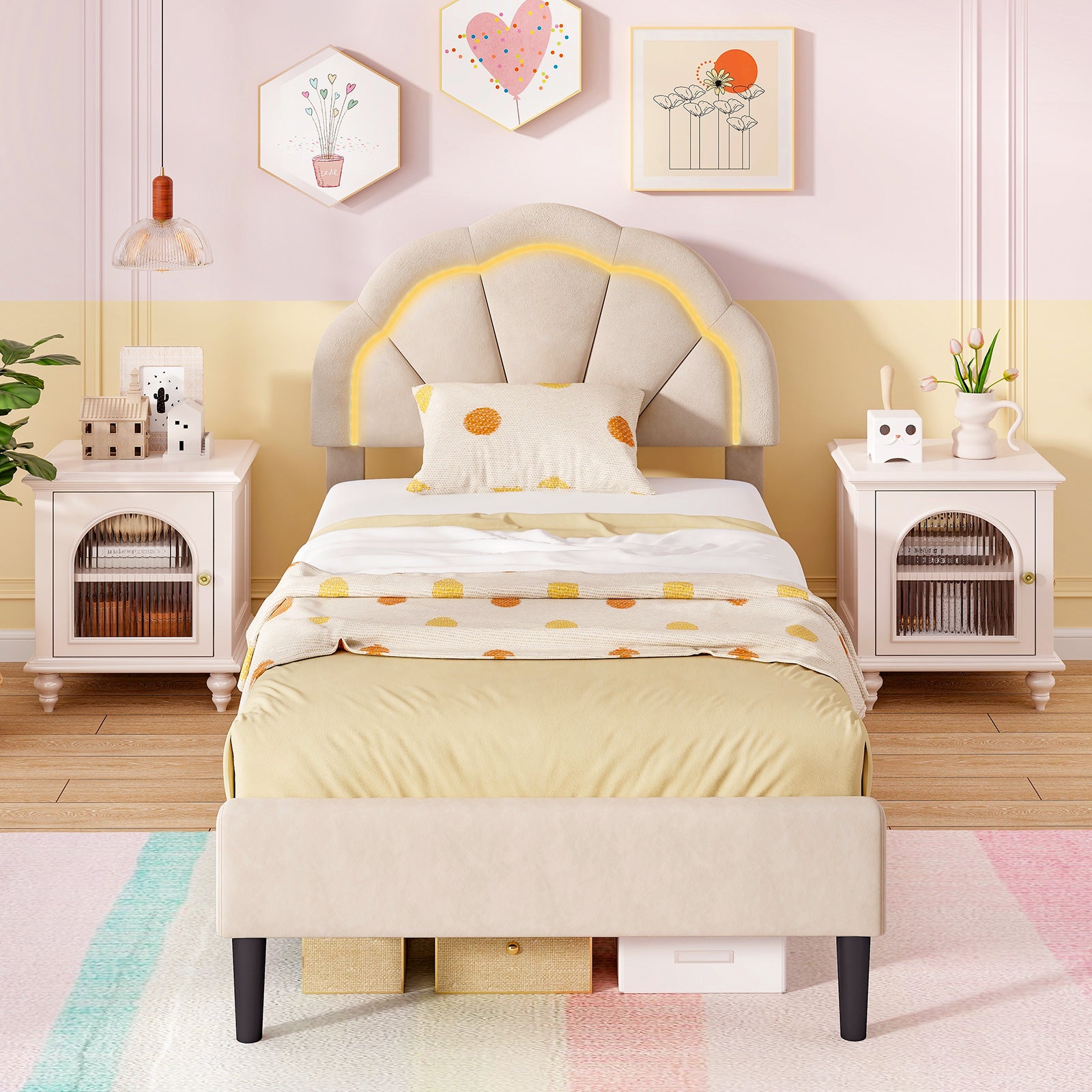 Upholstered LED Bed Frame with Adjustable Flower Headboard and Metal Support Feet-Twin Size Trundle Bed Frame at Gallery Canada