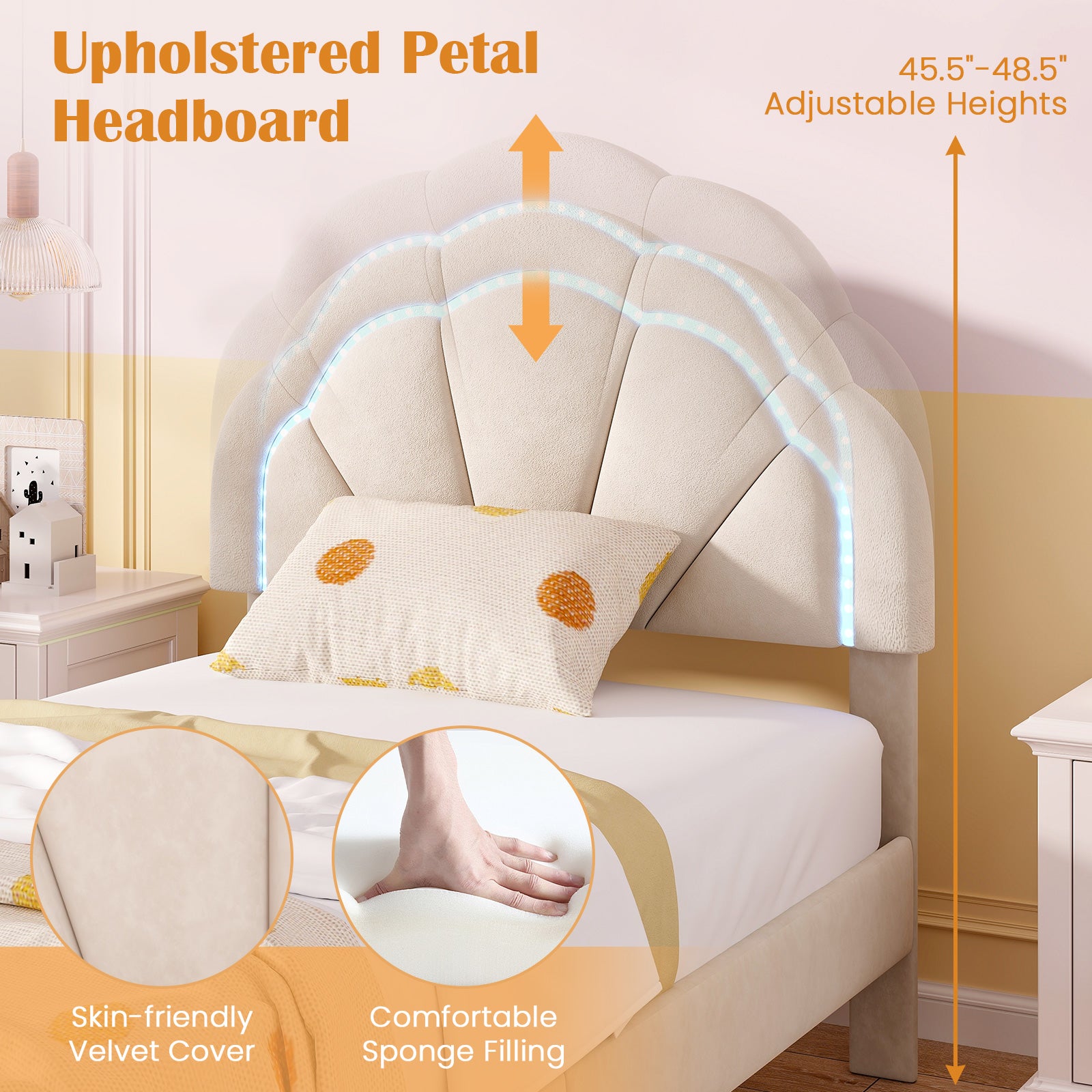 Upholstered LED Bed Frame with Adjustable Flower Headboard and Metal Support Feet-Twin Size Trundle Bed Frame at Gallery Canada