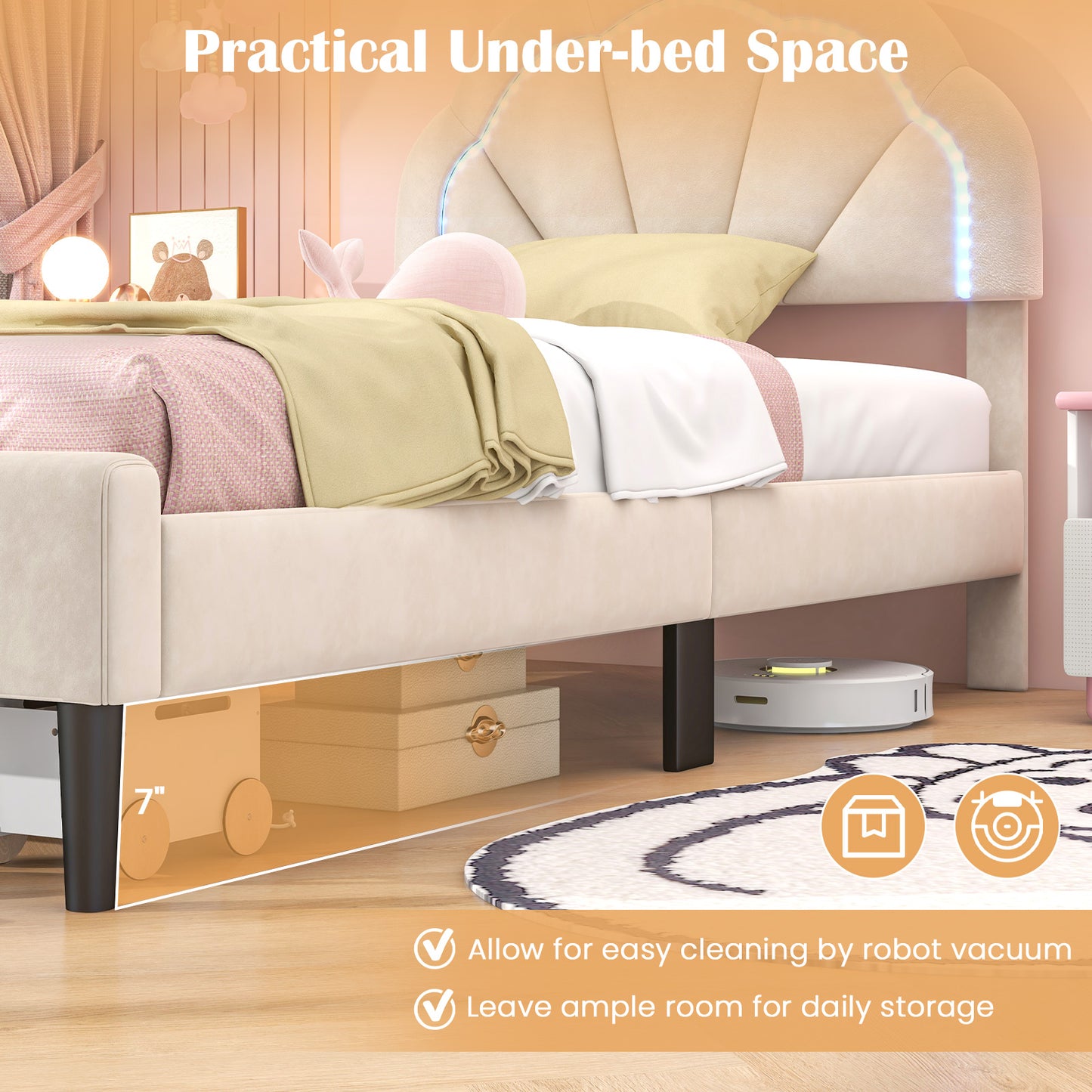 Upholstered LED Bed Frame with Adjustable Flower Headboard and Metal Support Feet-Twin Size Trundle Bed Frame at Gallery Canada