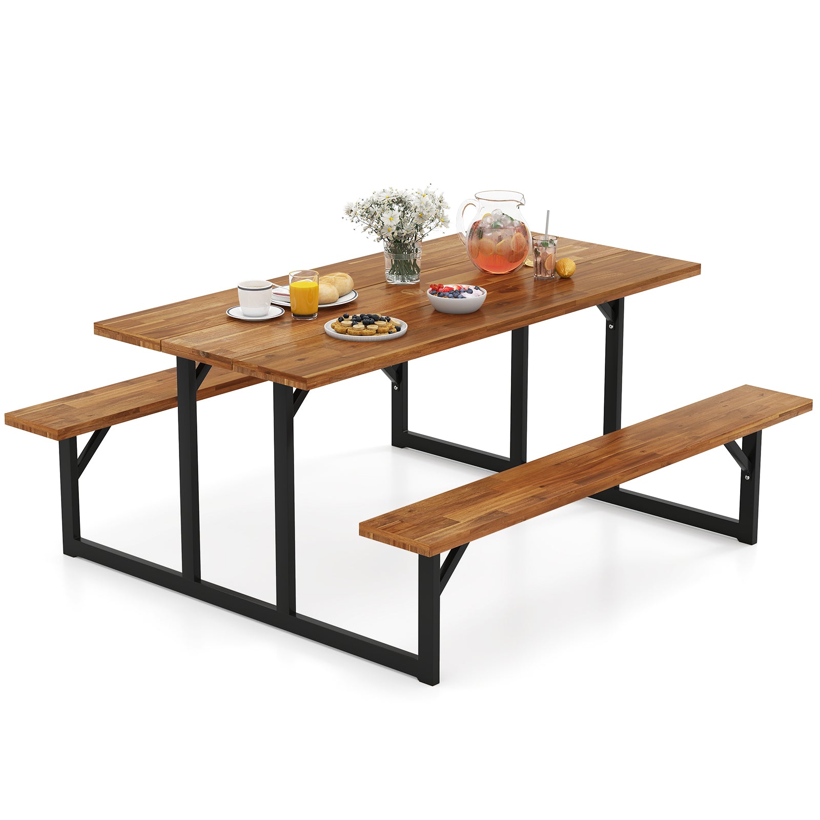 6-Person Acacia Wood Picnic Table, 2 Built-In Benches, Brown Picnic Tables Brown at Gallery Canada