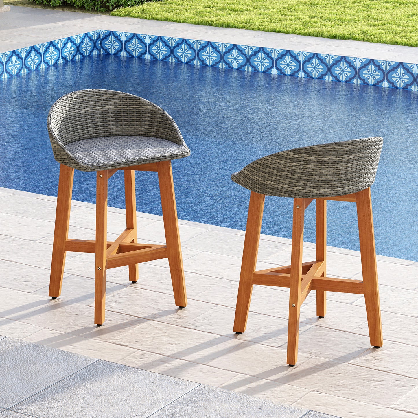 Outdoor Faux Rattan Bar Chairs Set of 2 with Ergonomic Backrests and Footrests, Gray Patio Dining Chairs at Gallery Canada