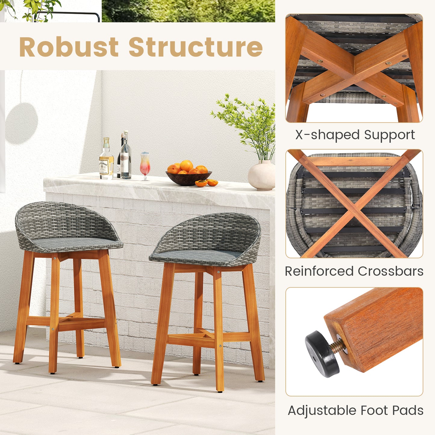 Outdoor Faux Rattan Bar Chairs Set of 2 with Ergonomic Backrests and Footrests, Gray Patio Dining Chairs at Gallery Canada