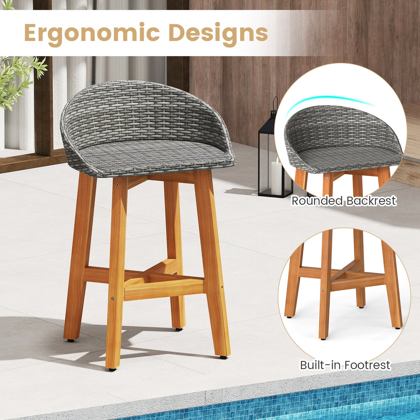 Outdoor Faux Rattan Bar Chairs Set of 2 with Ergonomic Backrests and Footrests, Gray Patio Dining Chairs at Gallery Canada