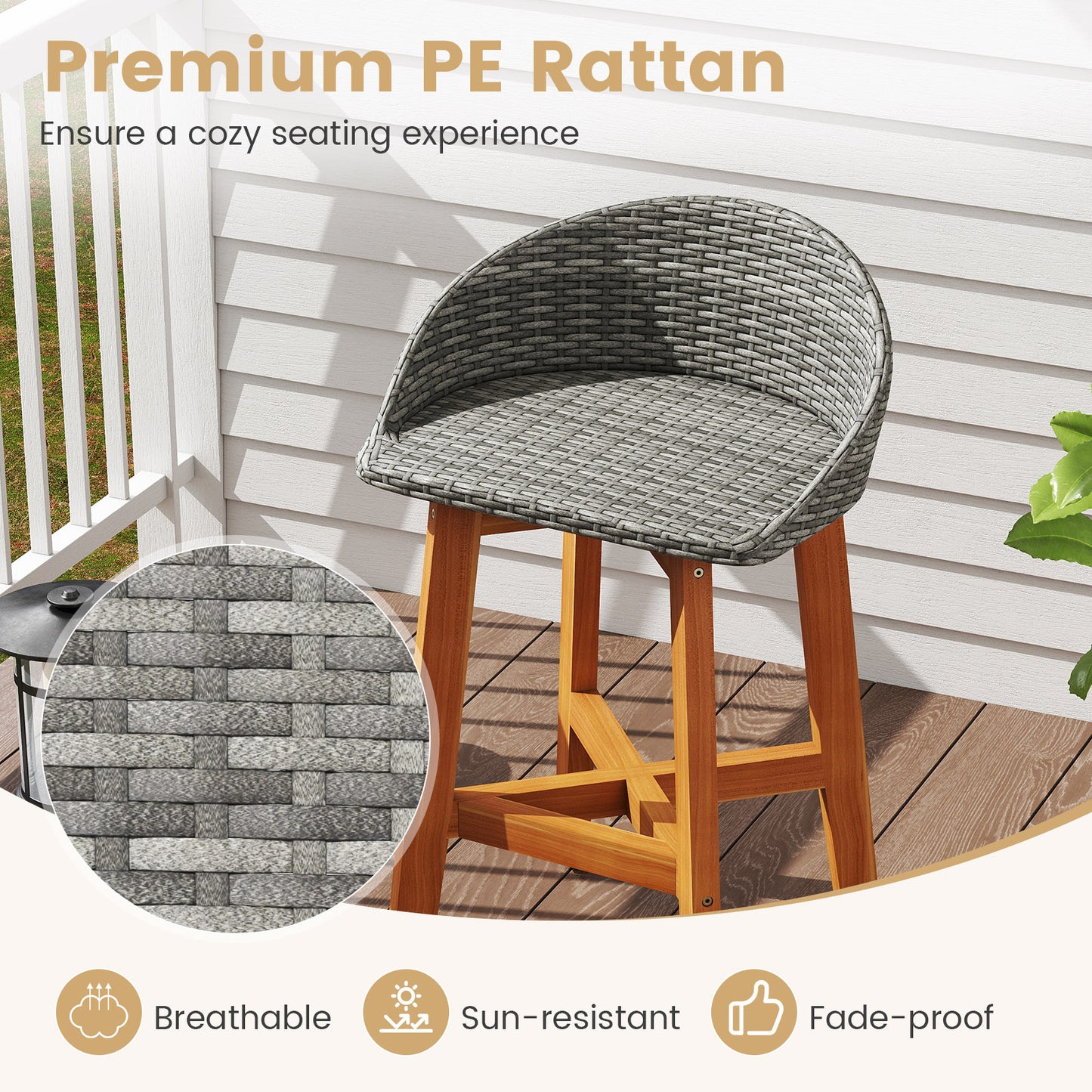 Outdoor Faux Rattan Bar Chairs Set of 2 with Ergonomic Backrests and Footrests, Gray Patio Dining Chairs at Gallery Canada