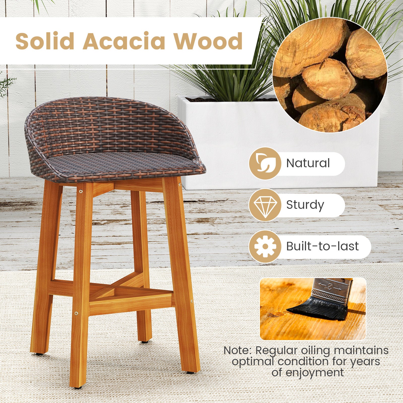 Outdoor Faux Rattan Bar Chairs Set of 2 with Ergonomic Backrests and Footrests, Brown Patio Dining Chairs at Gallery Canada