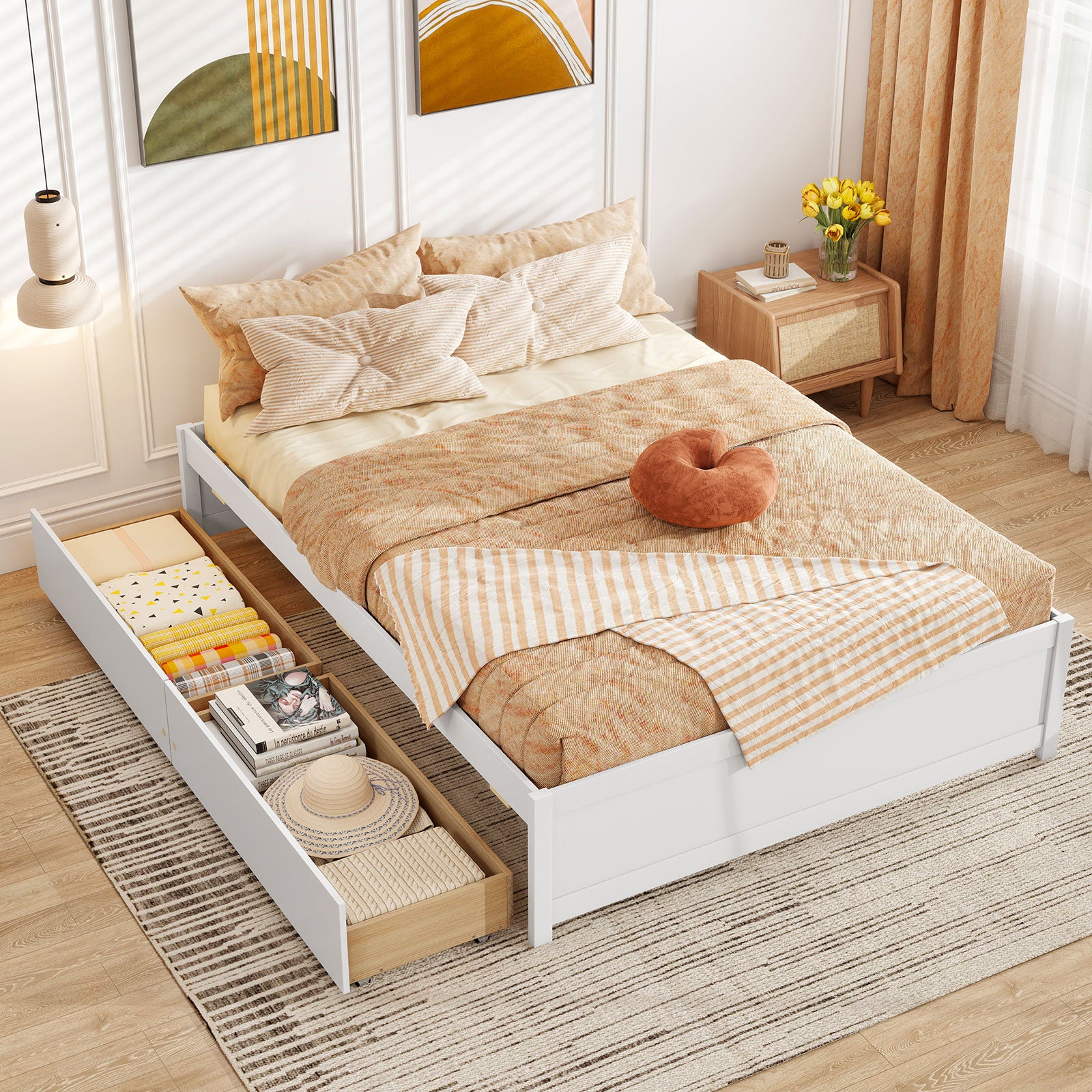 Full Size Wooden Bed Frame, 2 Rolling Storage Drawers, White Trundle Bed Frame at Gallery Canada