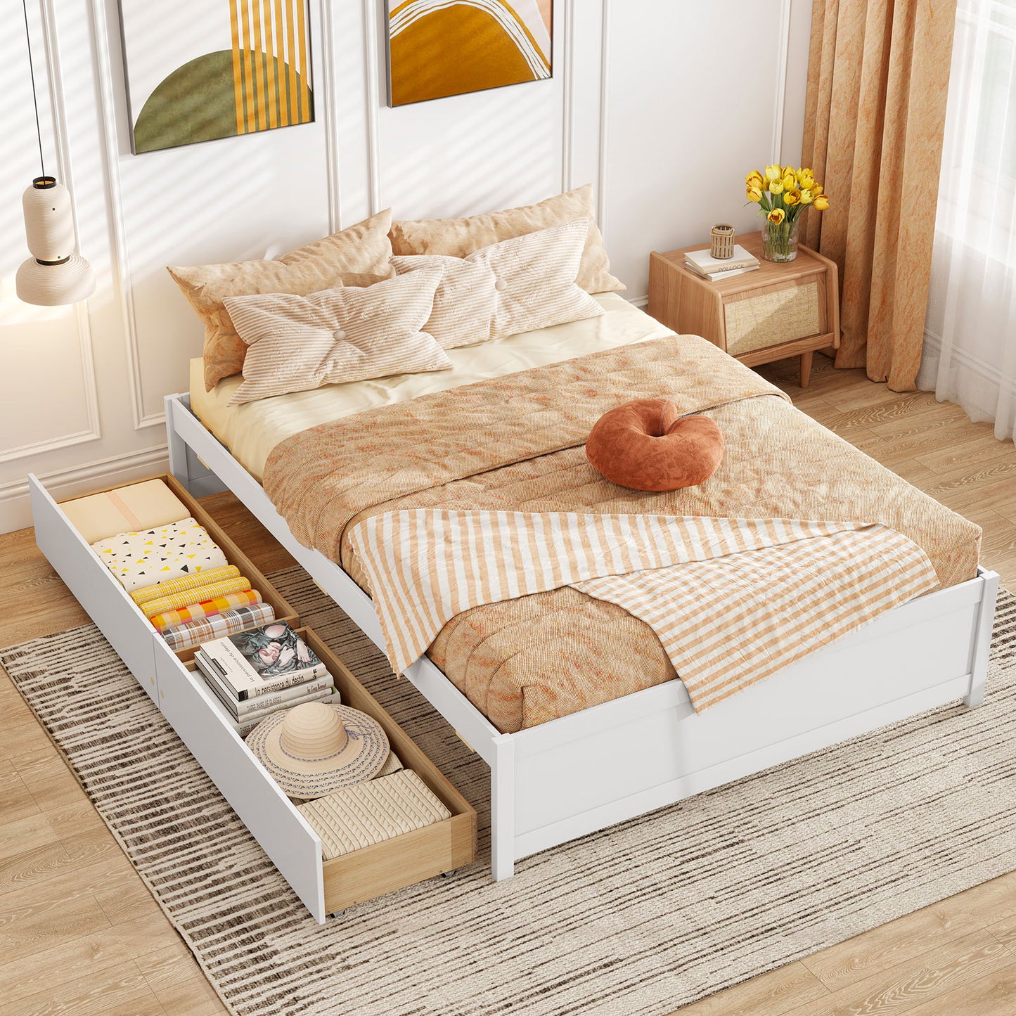 Full Size Wooden Bed Frame, 2 Rolling Storage Drawers, White Trundle Bed Frame at Gallery Canada