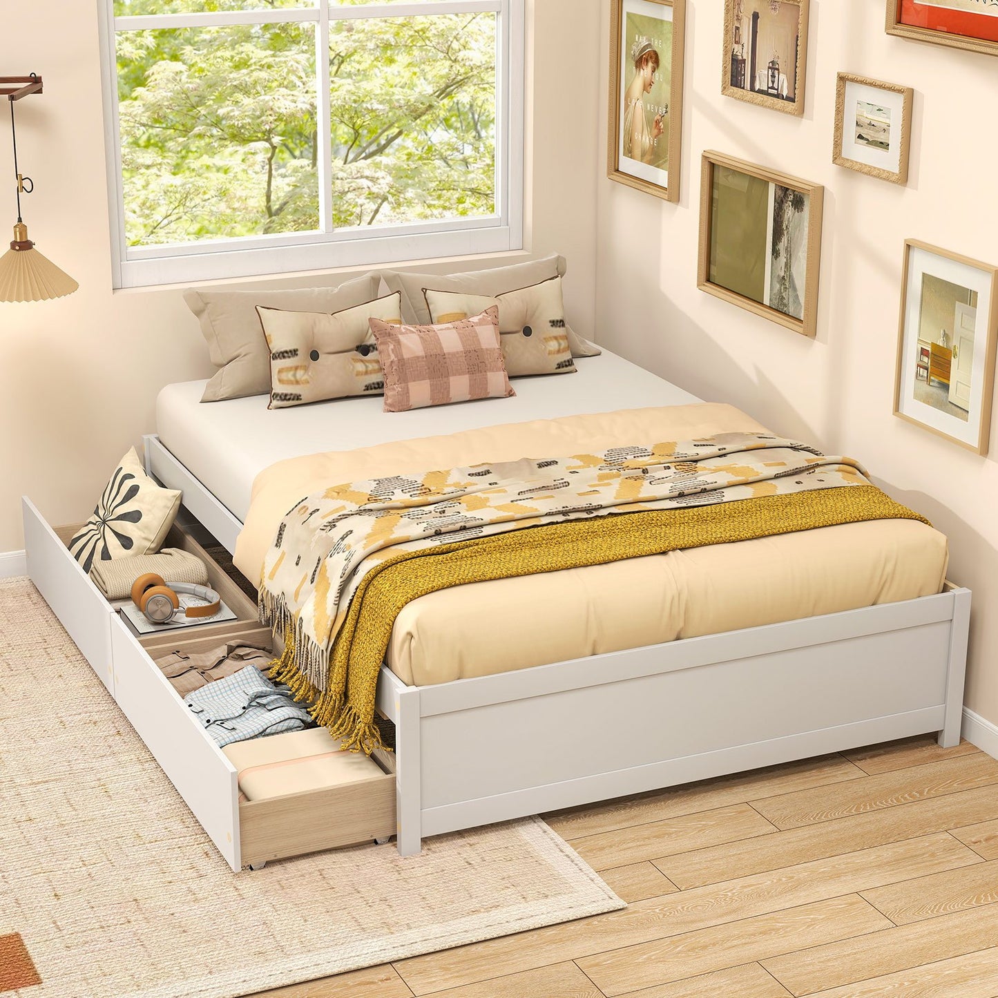 Full Size Wooden Bed Frame, 2 Rolling Storage Drawers, White Trundle Bed Frame at Gallery Canada