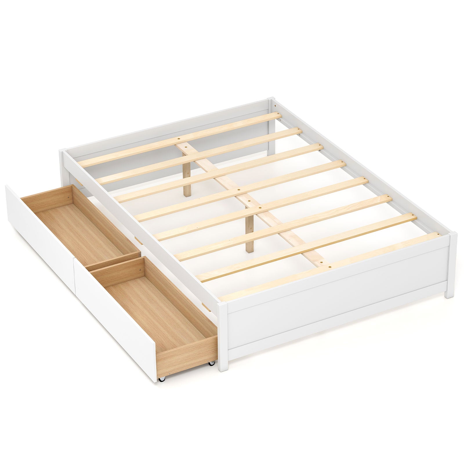Full Size Wooden Bed Frame, 2 Rolling Storage Drawers, White Trundle Bed Frame at Gallery Canada