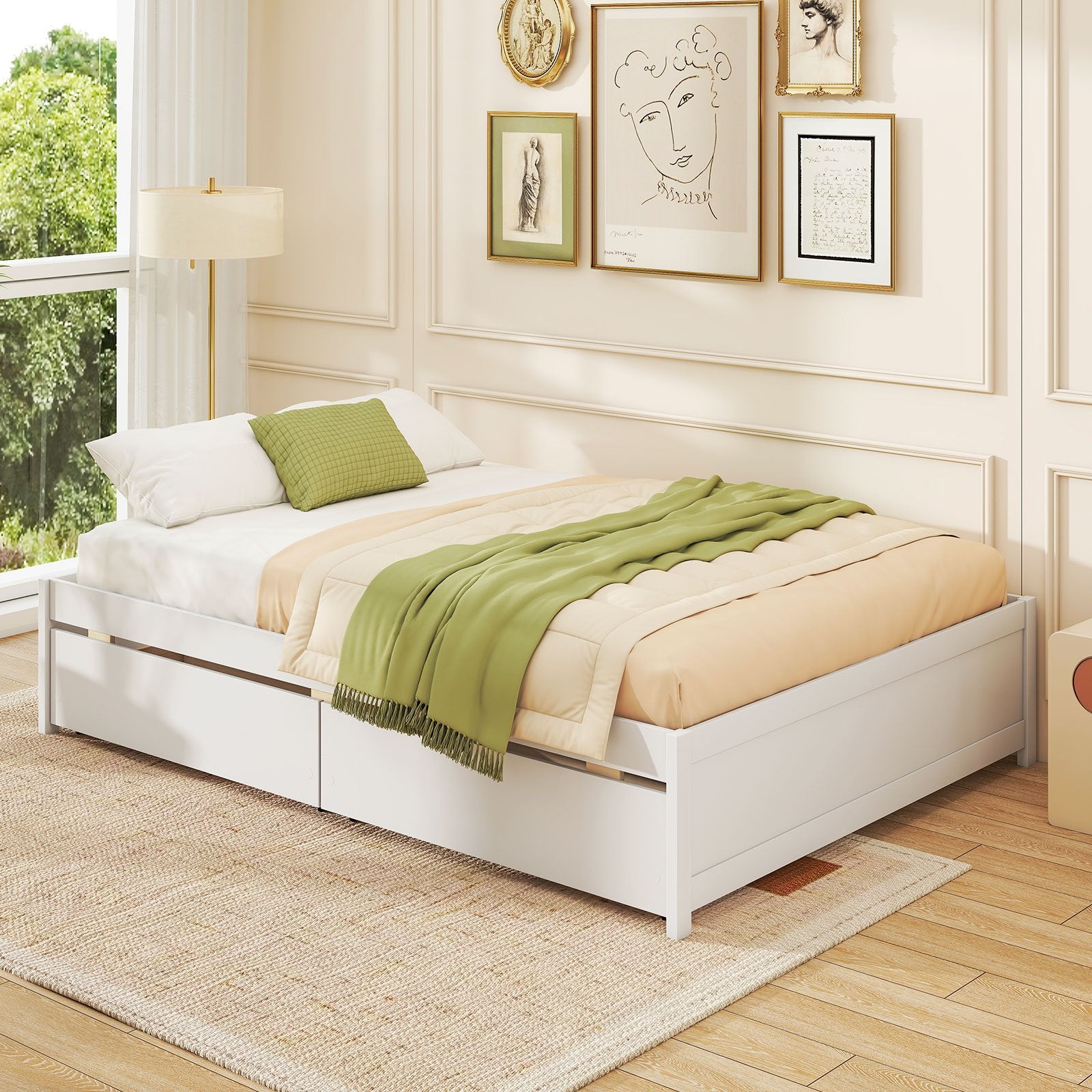 Full Size Wooden Bed Frame, 2 Rolling Storage Drawers, White Trundle Bed Frame at Gallery Canada