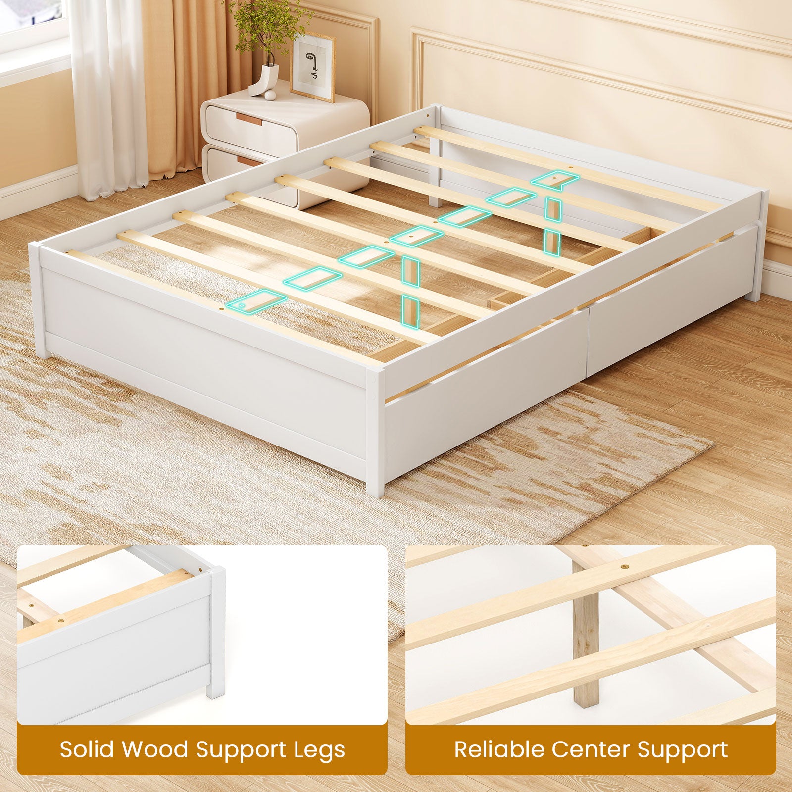 Full Size Wooden Bed Frame, 2 Rolling Storage Drawers, White Trundle Bed Frame at Gallery Canada