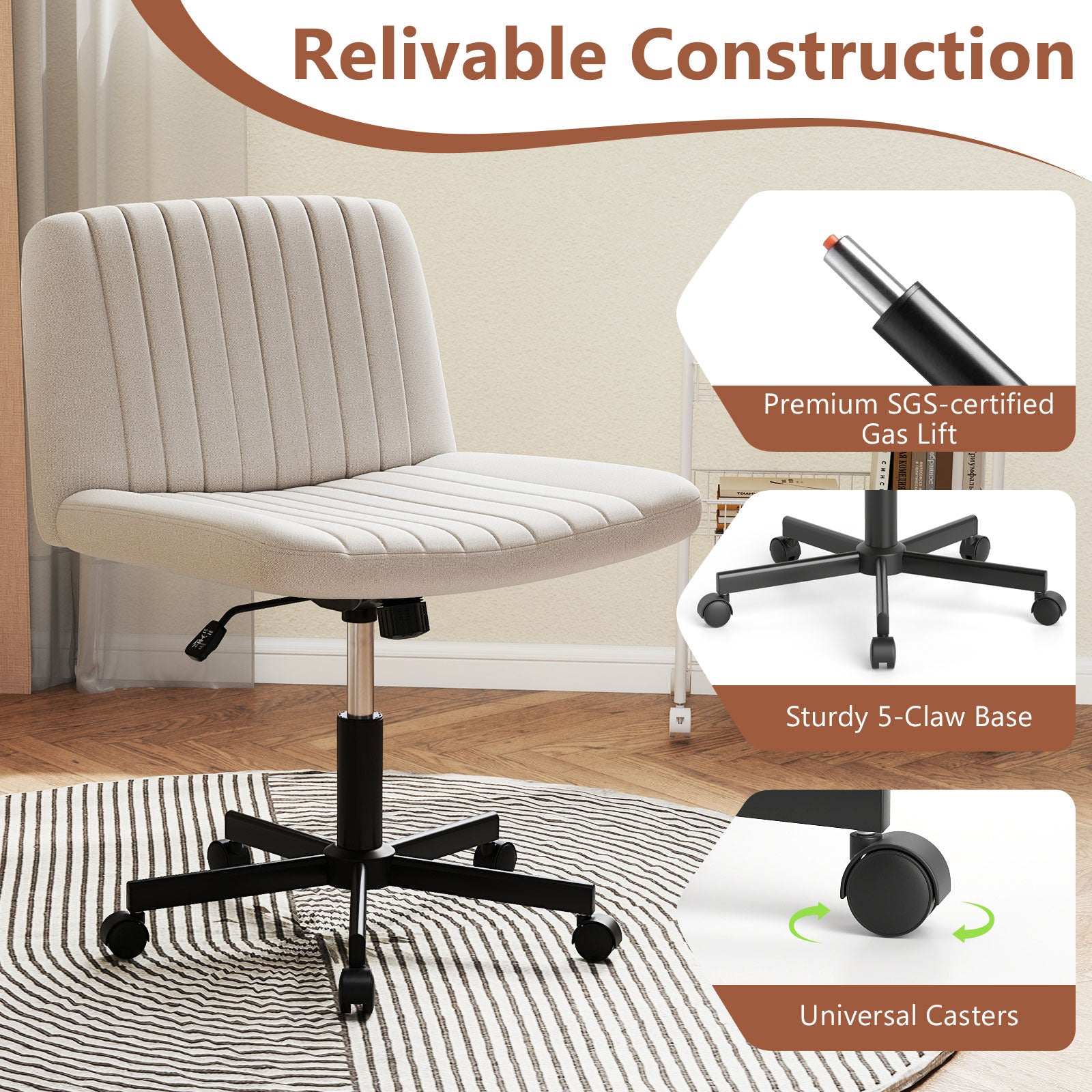 Criss Cross Swivel Chair With Wheels, Wide Padded Seat, Beige Armless Chairs at Gallery Canada