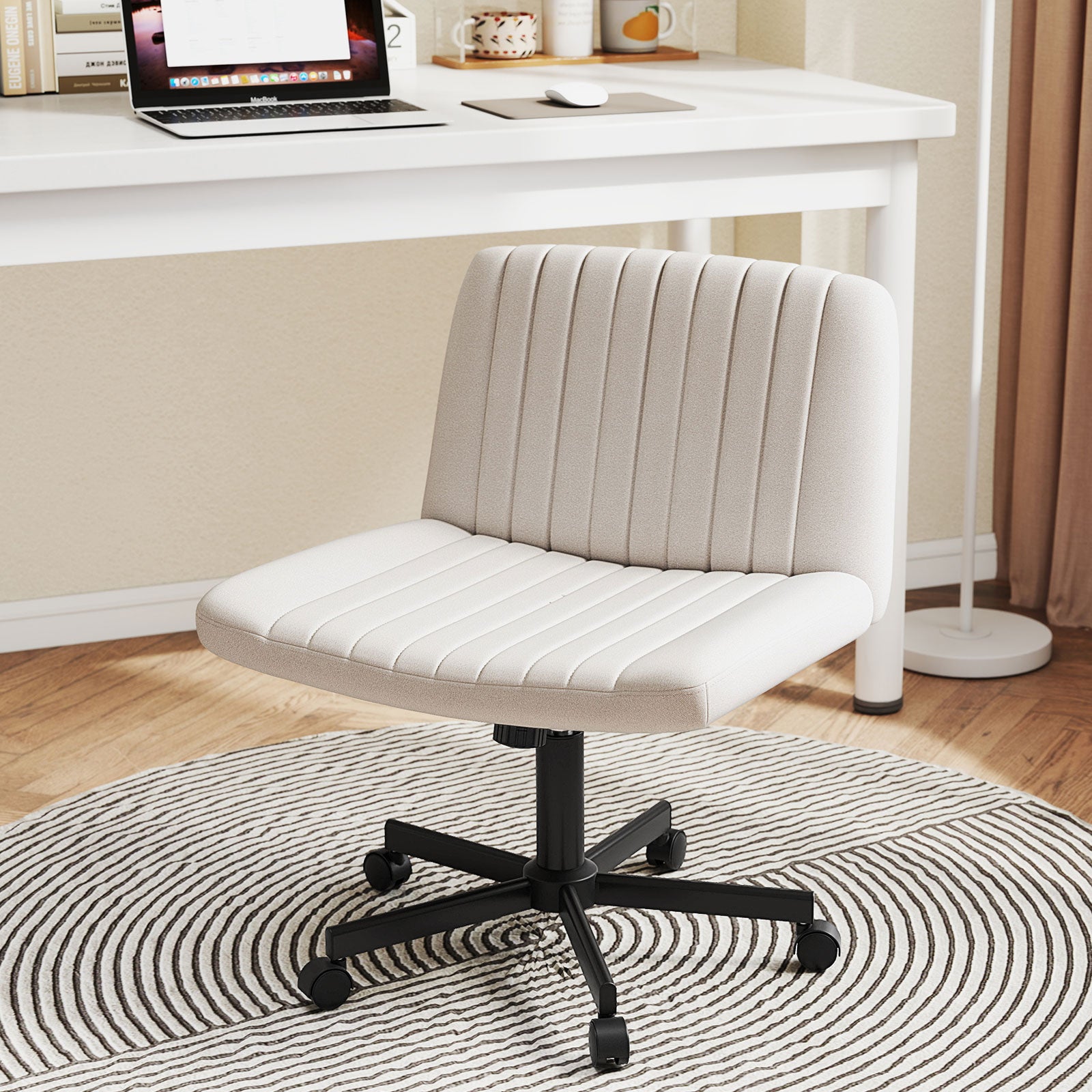 Criss Cross Swivel Chair With Wheels, Wide Padded Seat, Beige Armless Chairs at Gallery Canada