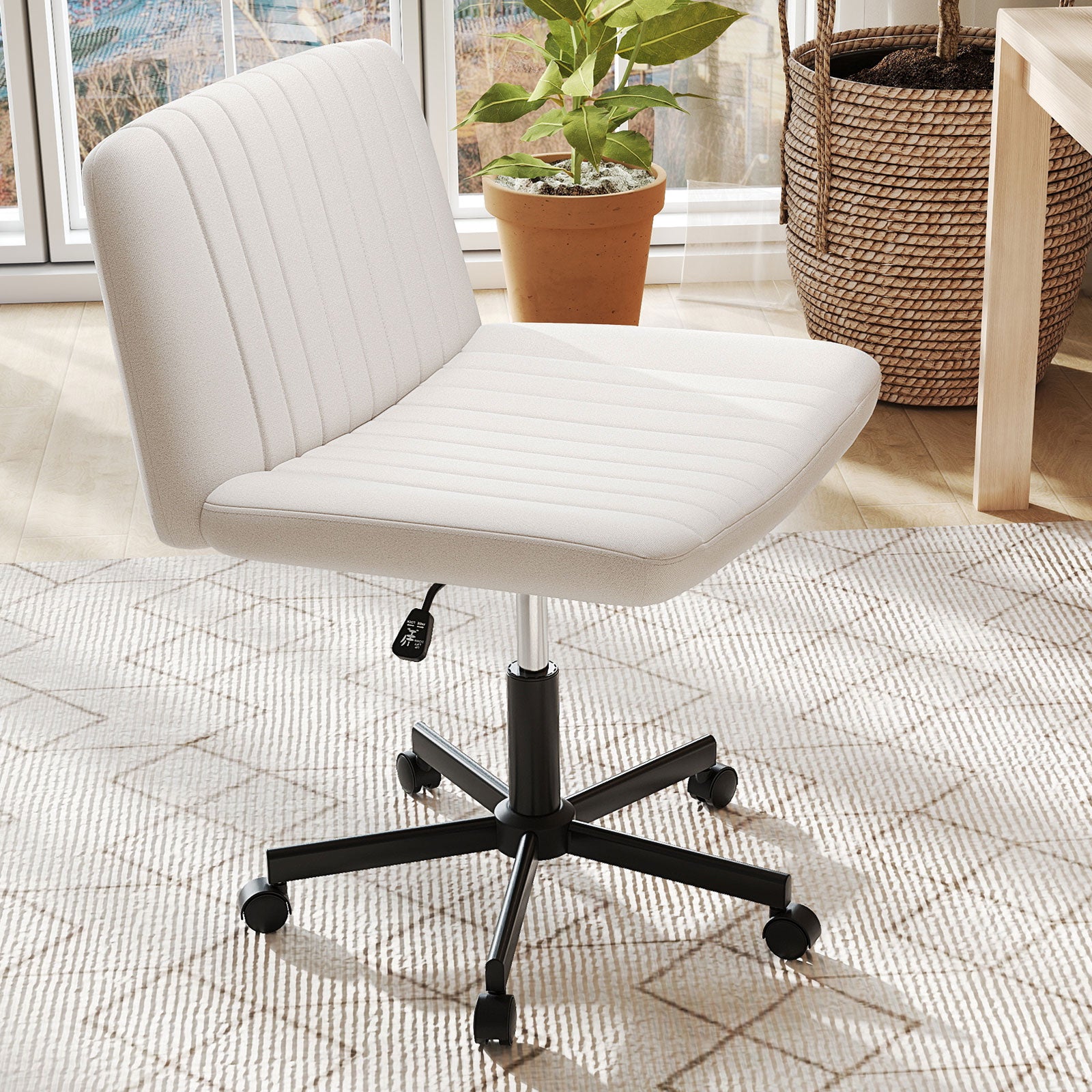Criss Cross Swivel Chair With Wheels, Wide Padded Seat, Beige Armless Chairs at Gallery Canada