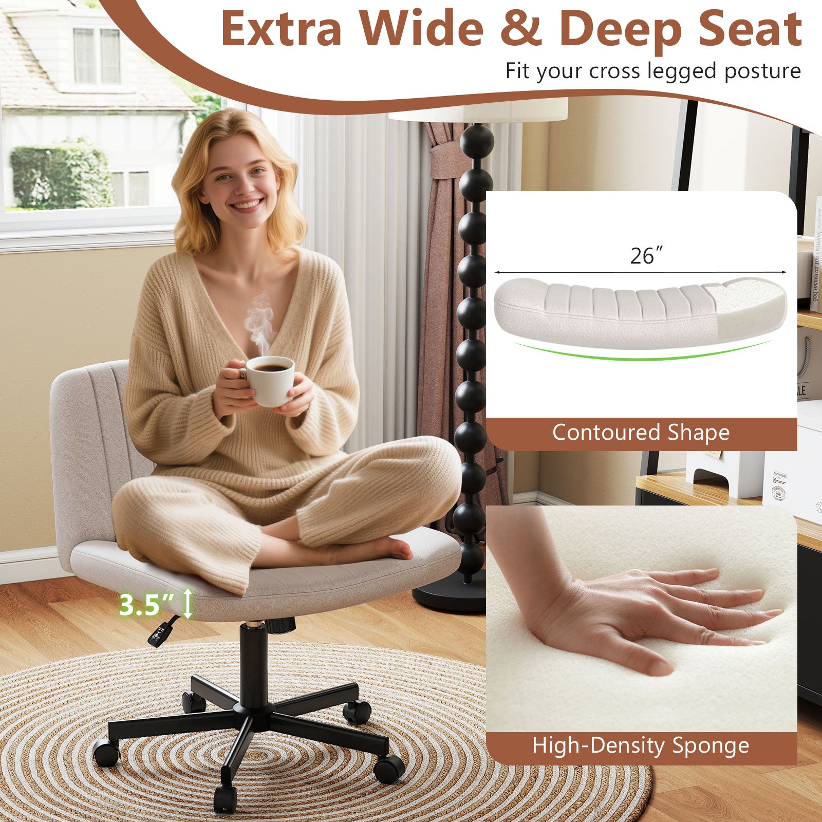 Criss Cross Swivel Chair With Wheels, Wide Padded Seat, Beige Armless Chairs at Gallery Canada