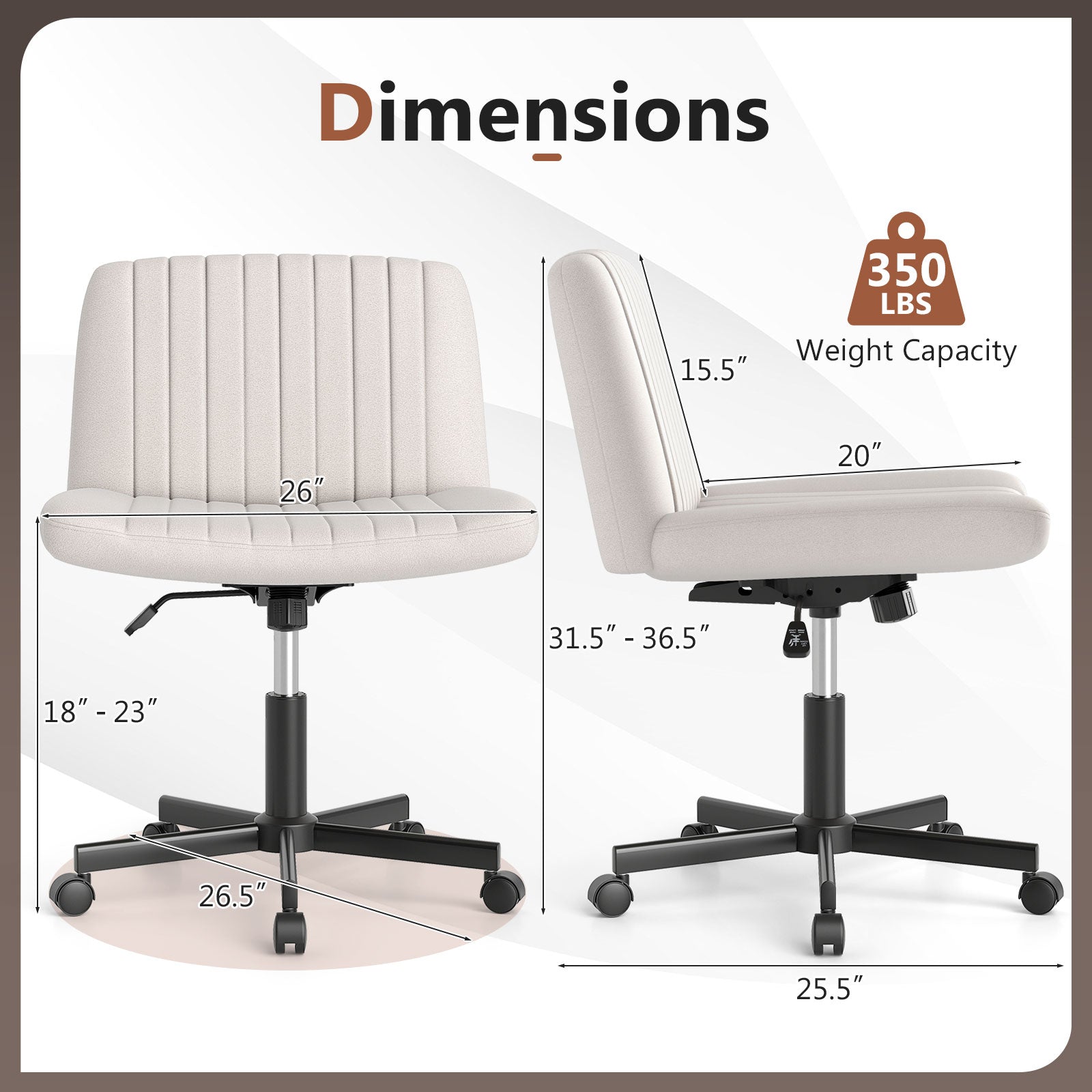 Criss Cross Swivel Chair With Wheels, Wide Padded Seat, Beige Armless Chairs at Gallery Canada