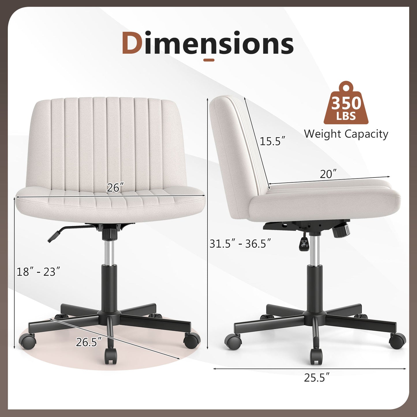 Criss Cross Swivel Chair With Wheels, Wide Padded Seat, Beige Armless Chairs at Gallery Canada