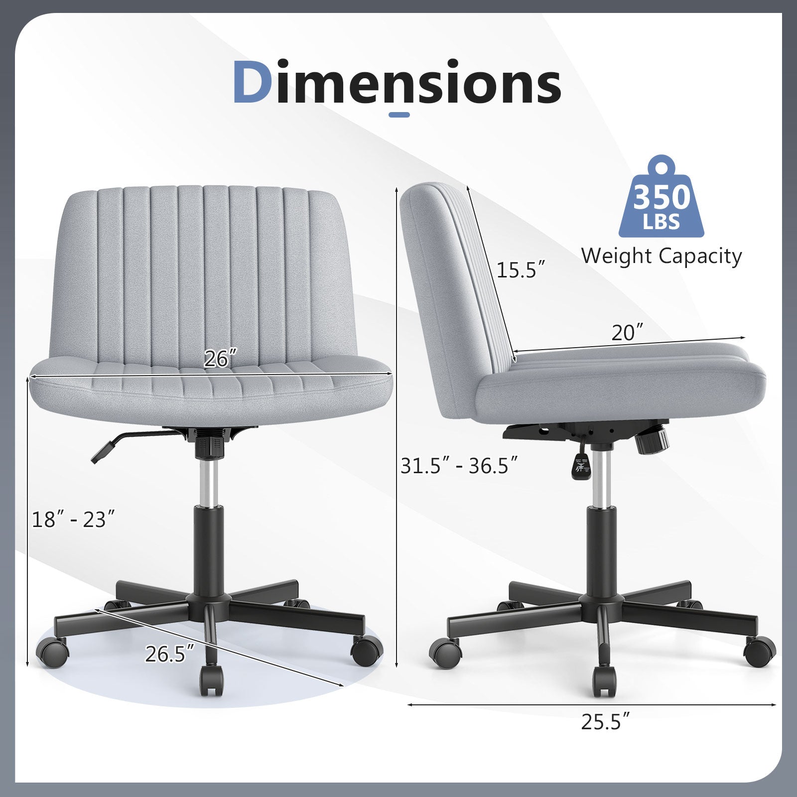 Criss Cross Chair With Wheels, Swivel Desk Chair, Soft-Padded Wide Seat, Gray Armless Chairs at Gallery Canada