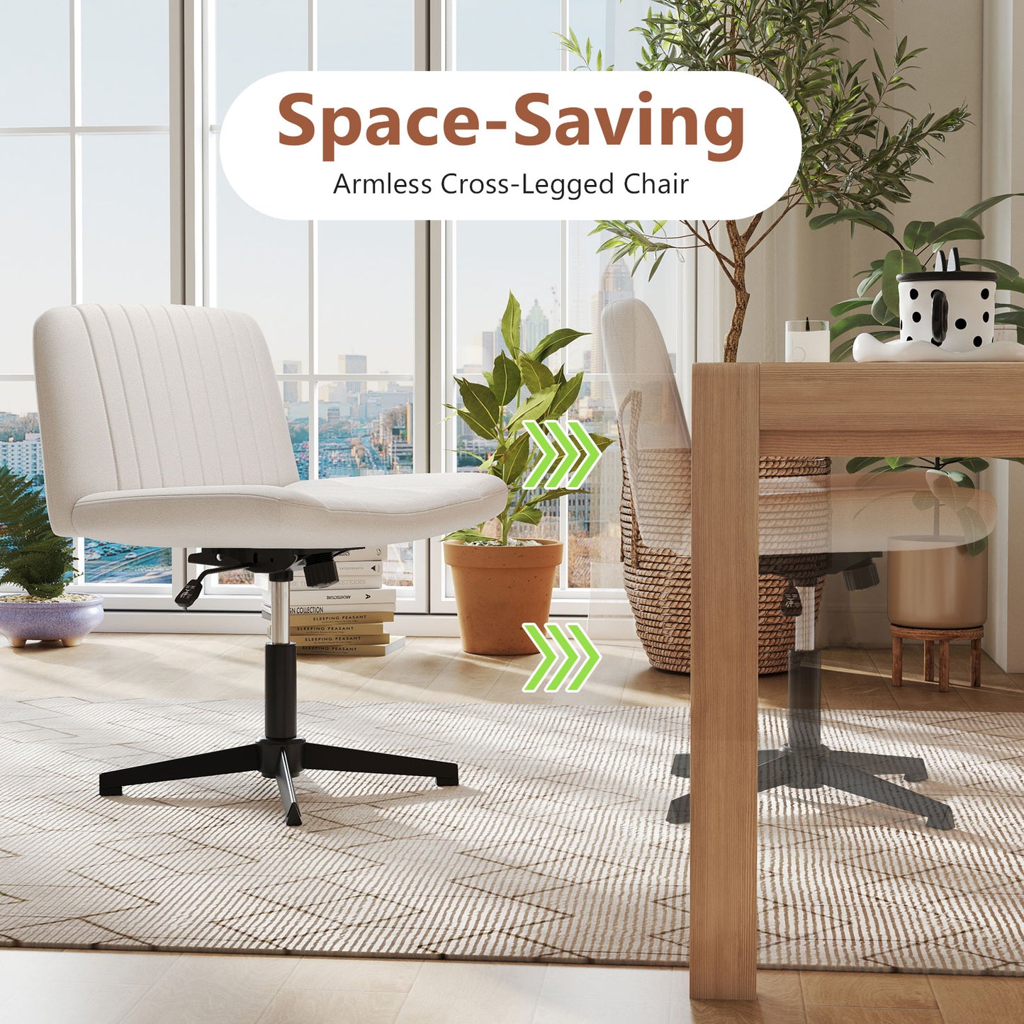 Criss Cross Legged Swivel Desk Chair, No Wheels, Beige Armless Chairs at Gallery Canada