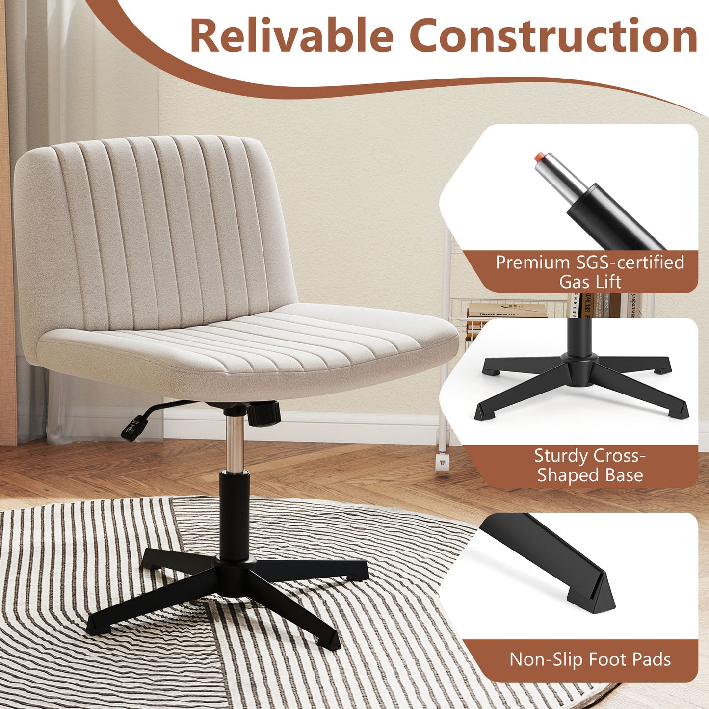 Criss Cross Legged Swivel Desk Chair, No Wheels, Beige Armless Chairs at Gallery Canada