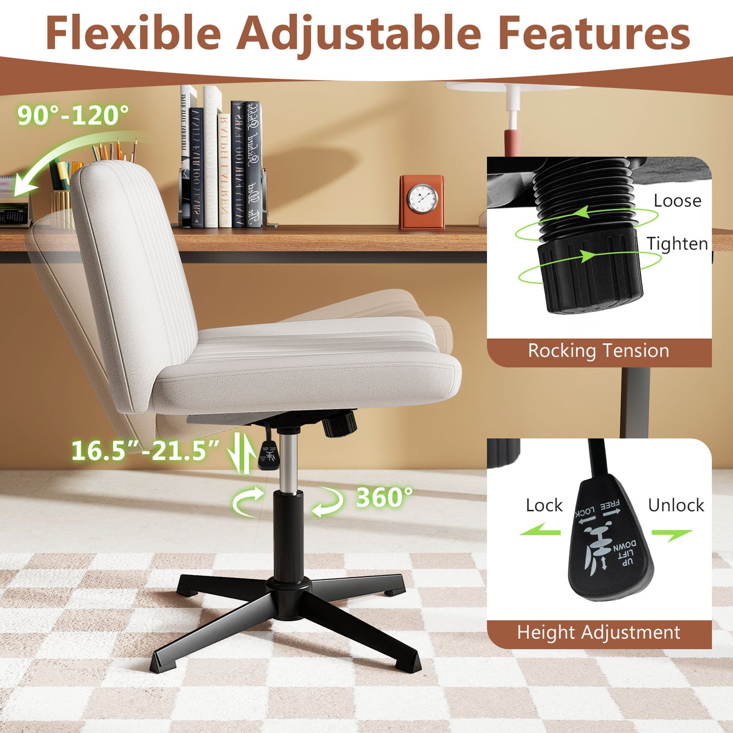 Criss Cross Legged Swivel Desk Chair, No Wheels, Beige Armless Chairs at Gallery Canada