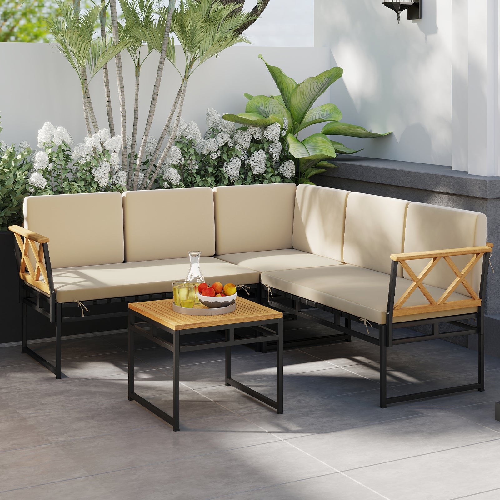 4 Pieces Patio L-Shaped Sofa Set with Cushions and Side Table, Brown Sofas & Loveseats at Gallery Canada