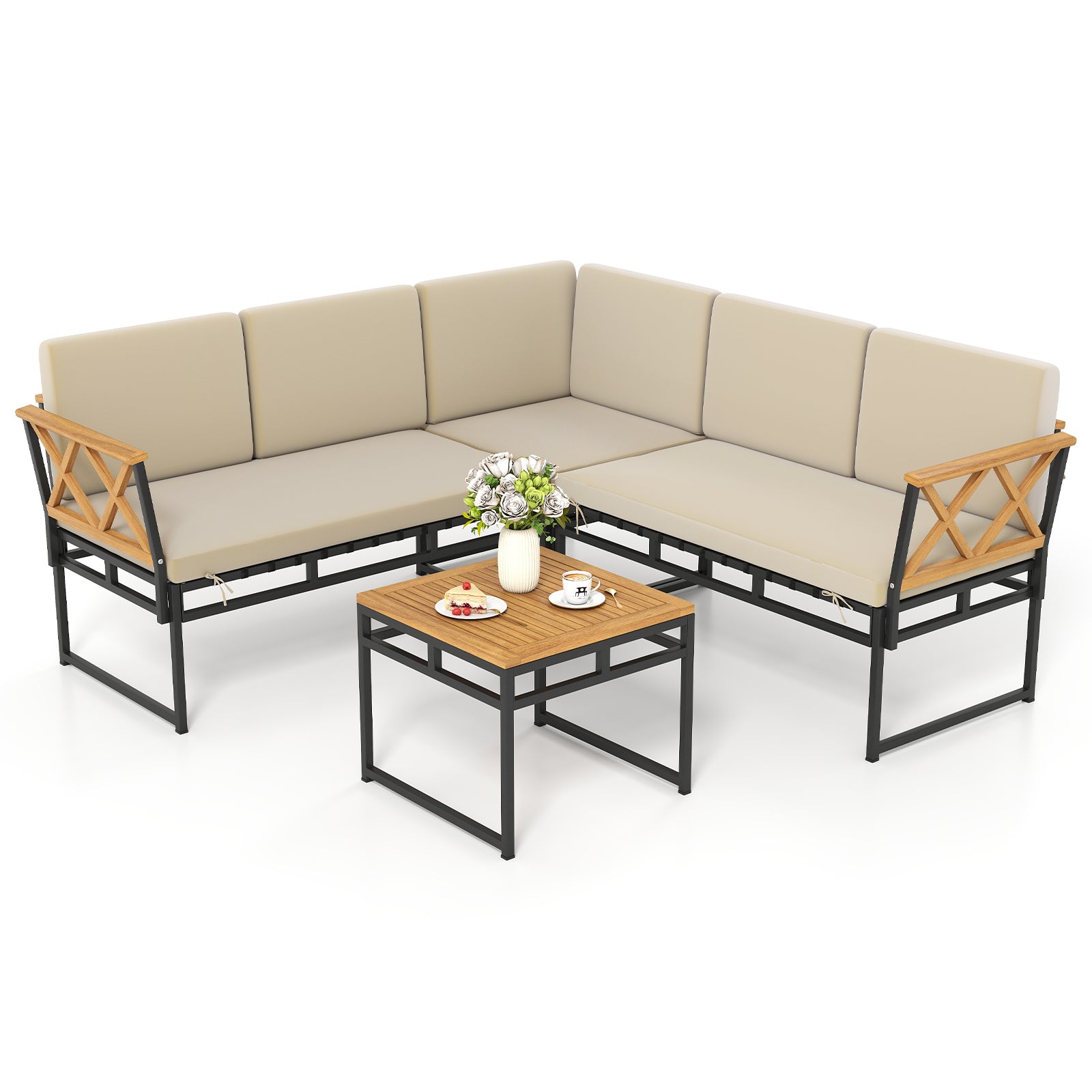 4 Pieces Patio L-Shaped Sofa Set with Cushions and Side Table, Brown Sofas & Loveseats at Gallery Canada
