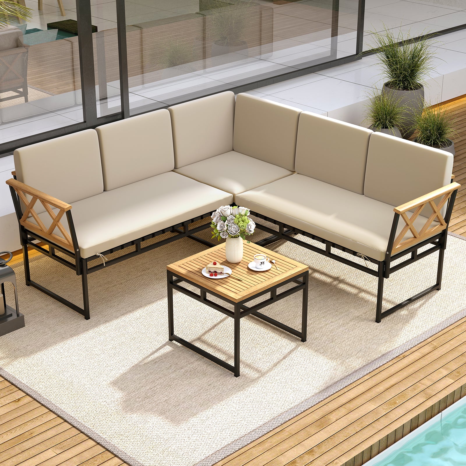 4 Pieces Patio L-Shaped Sofa Set with Cushions and Side Table, Brown Sofas & Loveseats at Gallery Canada