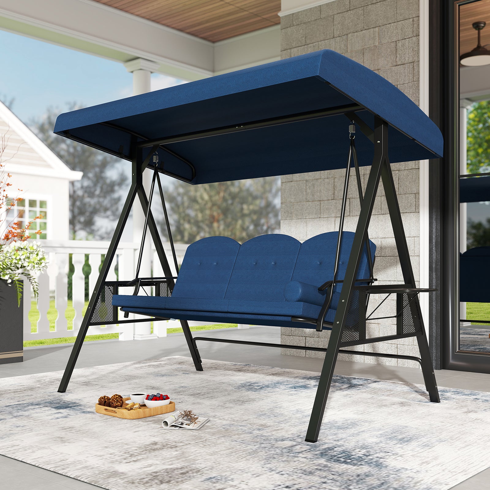 3-Seat Patio Swing Chair Porch Swing with Adjustable Canopy Thickened Cushions Pillow and Foldable Side Trays, Navy Patio Rocking Chairs & Gliders at Gallery Canada