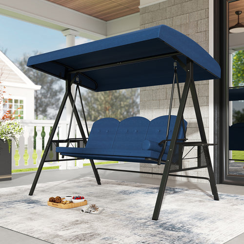 3-Seat Patio Swing Chair Porch Swing with Adjustable Canopy Thickened Cushions Pillow and Foldable Side Trays, Navy