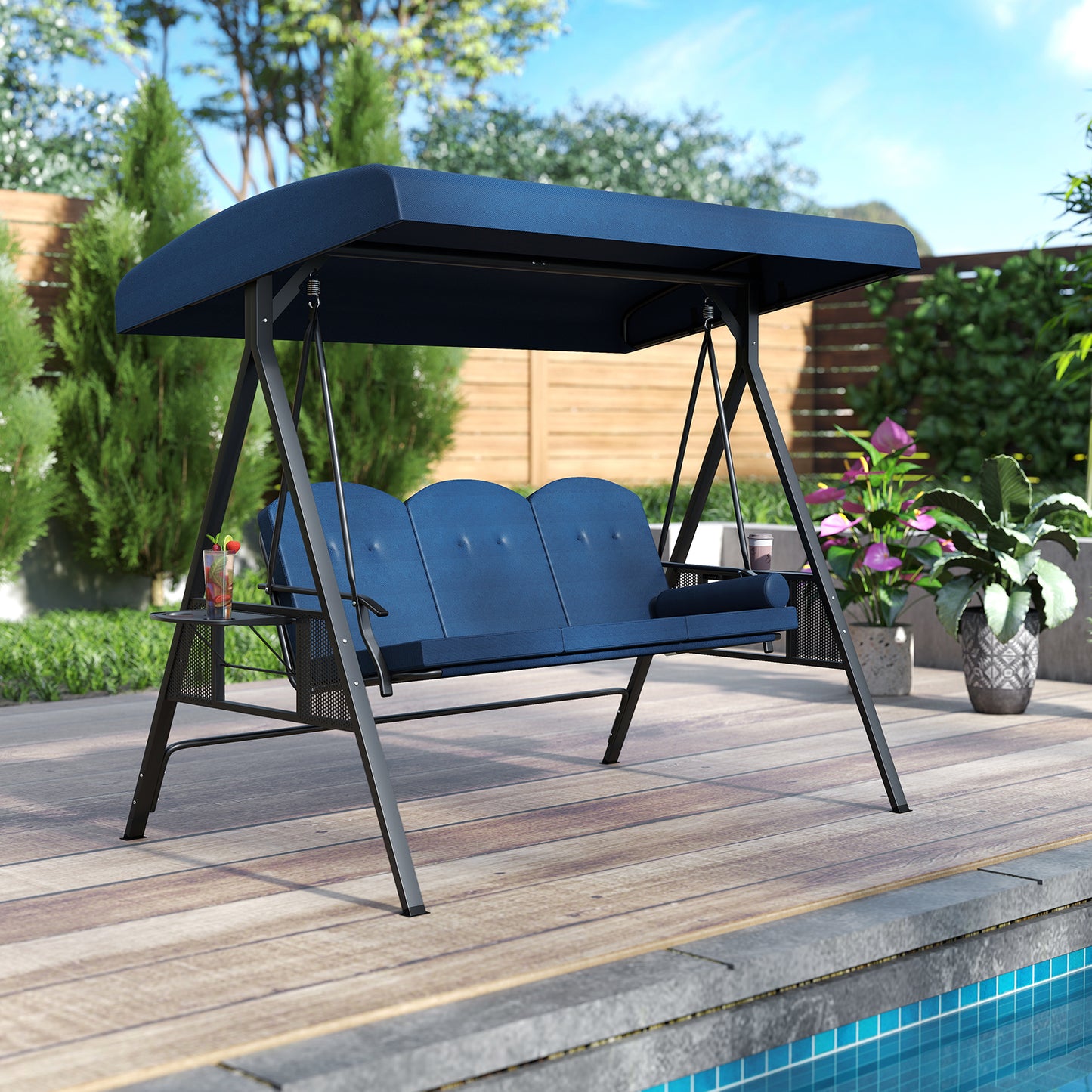 3-Seat Patio Swing Chair Porch Swing with Adjustable Canopy Thickened Cushions Pillow and Foldable Side Trays, Navy Patio Rocking Chairs & Gliders at Gallery Canada