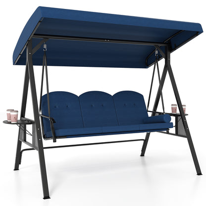 3-Seat Patio Swing Chair Porch Swing with Adjustable Canopy Thickened Cushions Pillow and Foldable Side Trays, Navy Patio Rocking Chairs & Gliders Navy at Gallery Canada
