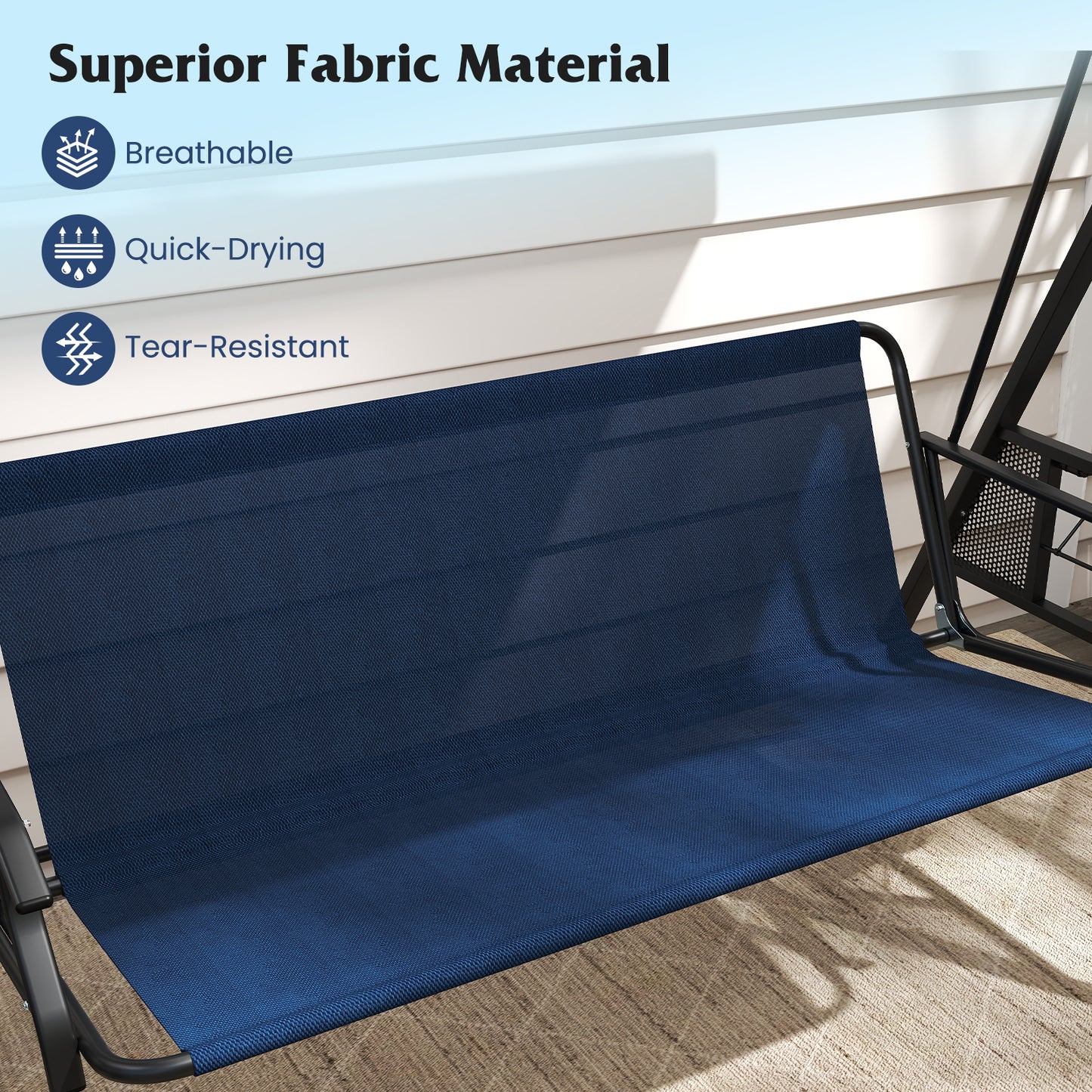 3-Seat Patio Swing Chair Porch Swing with Adjustable Canopy Thickened Cushions Pillow and Foldable Side Trays, Navy Patio Rocking Chairs & Gliders at Gallery Canada