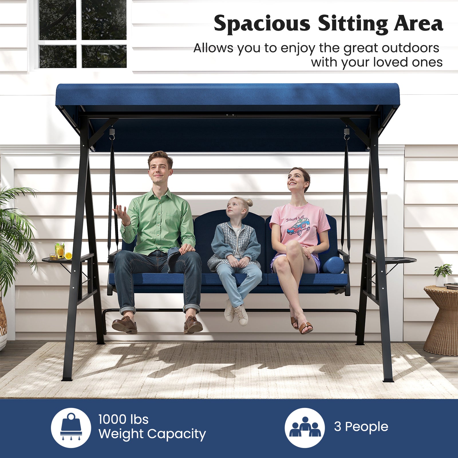 3-Seat Patio Swing Chair Porch Swing with Adjustable Canopy Thickened Cushions Pillow and Foldable Side Trays, Navy Patio Rocking Chairs & Gliders at Gallery Canada