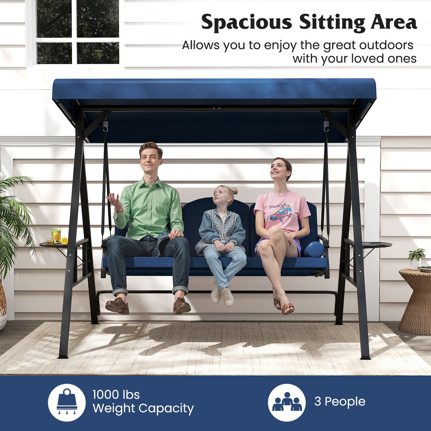 3-Seat Patio Swing Chair Porch Swing with Adjustable Canopy Thickened Cushions Pillow and Foldable Side Trays, Navy Patio Rocking Chairs & Gliders at Gallery Canada