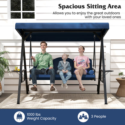 3-Seat Patio Swing Chair Porch Swing with Adjustable Canopy Thickened Cushions Pillow and Foldable Side Trays, Navy Patio Rocking Chairs & Gliders at Gallery Canada
